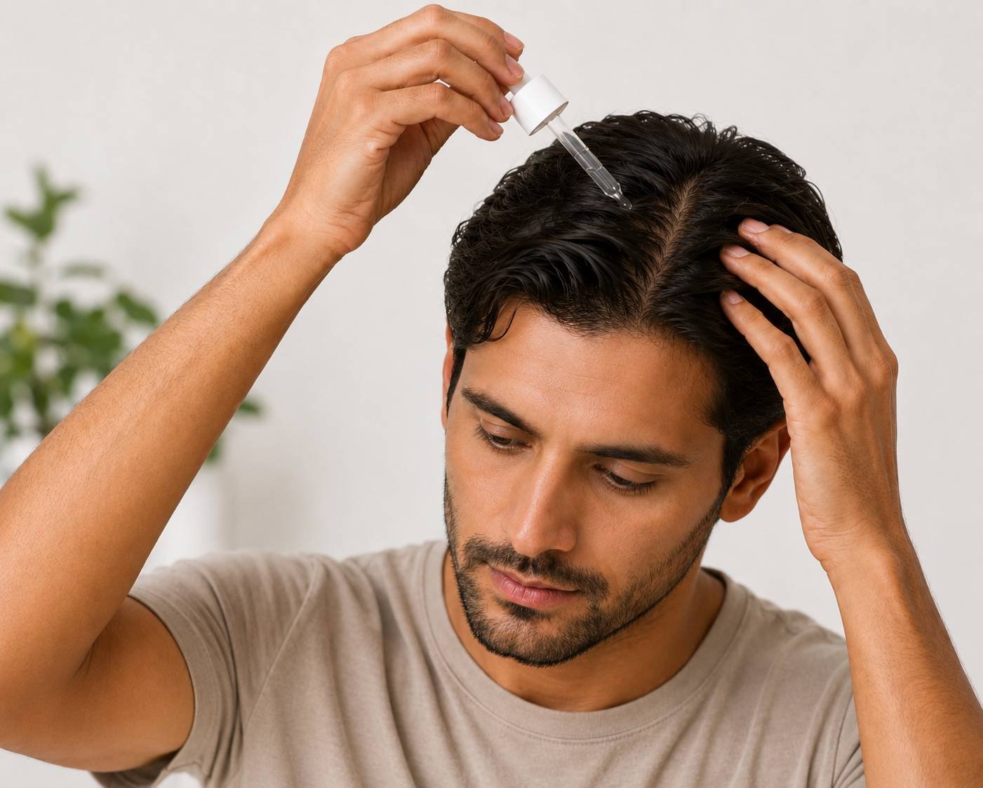 Man applying hair growth serum on his hair